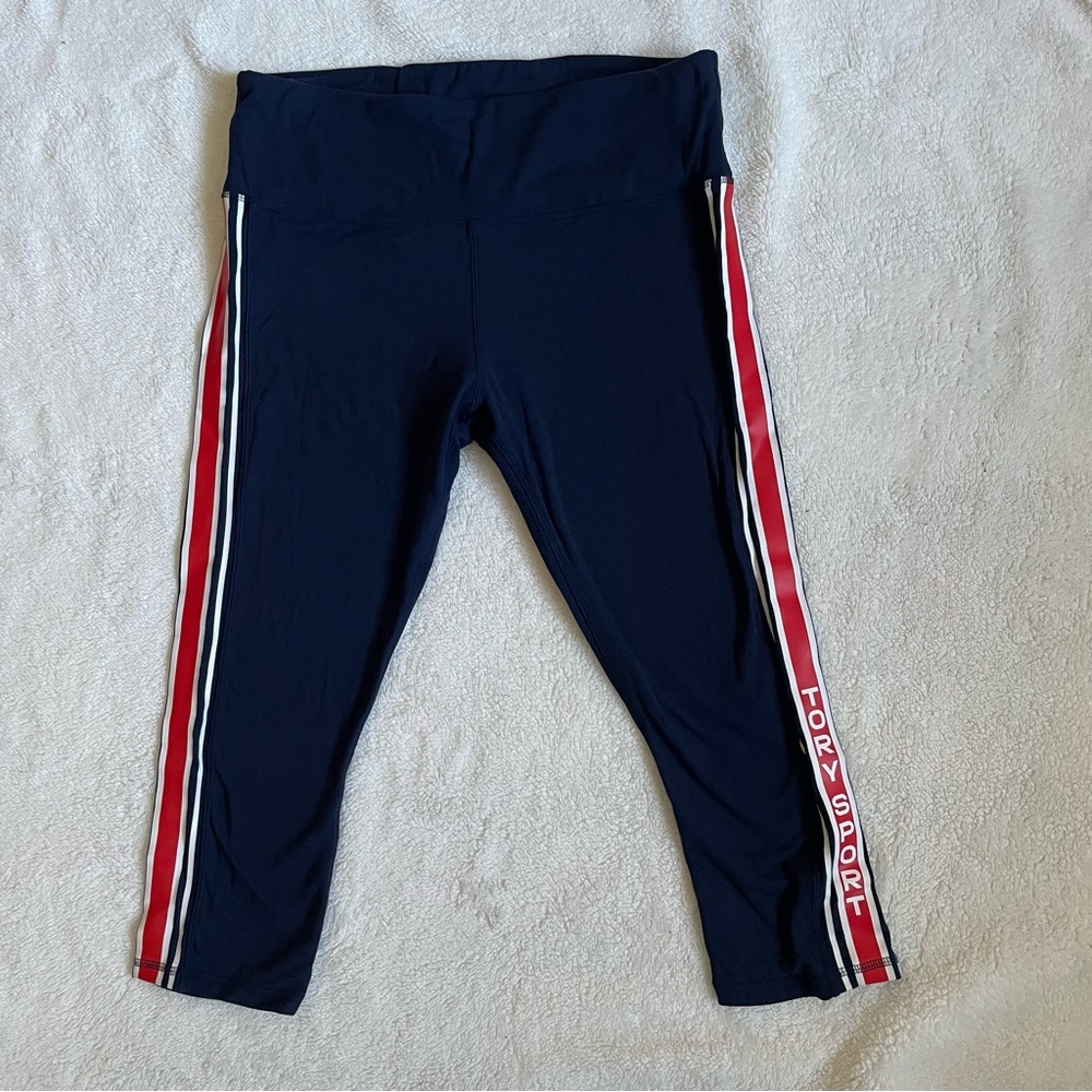 Tory Sport Navy Capri Leggings Stripes Side Size XL